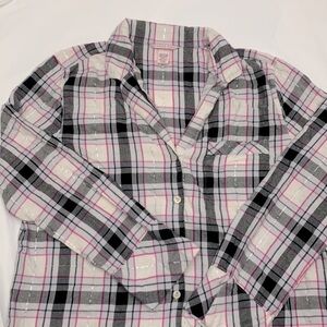 Victoria’s Secret White Black Pink Plaid Button Long Sleeve Deep V Neck Shirt S